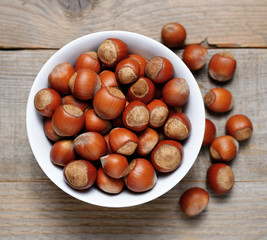 Hazelnuts close-up on wooden table