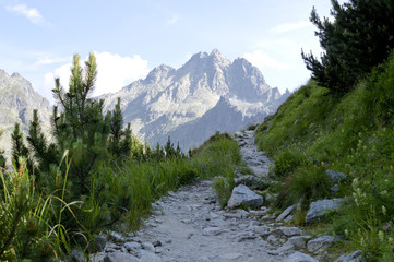 Obraz premium Tatra Mountain peaks in the distance. Dusty pathway in the shadow, Slovakia