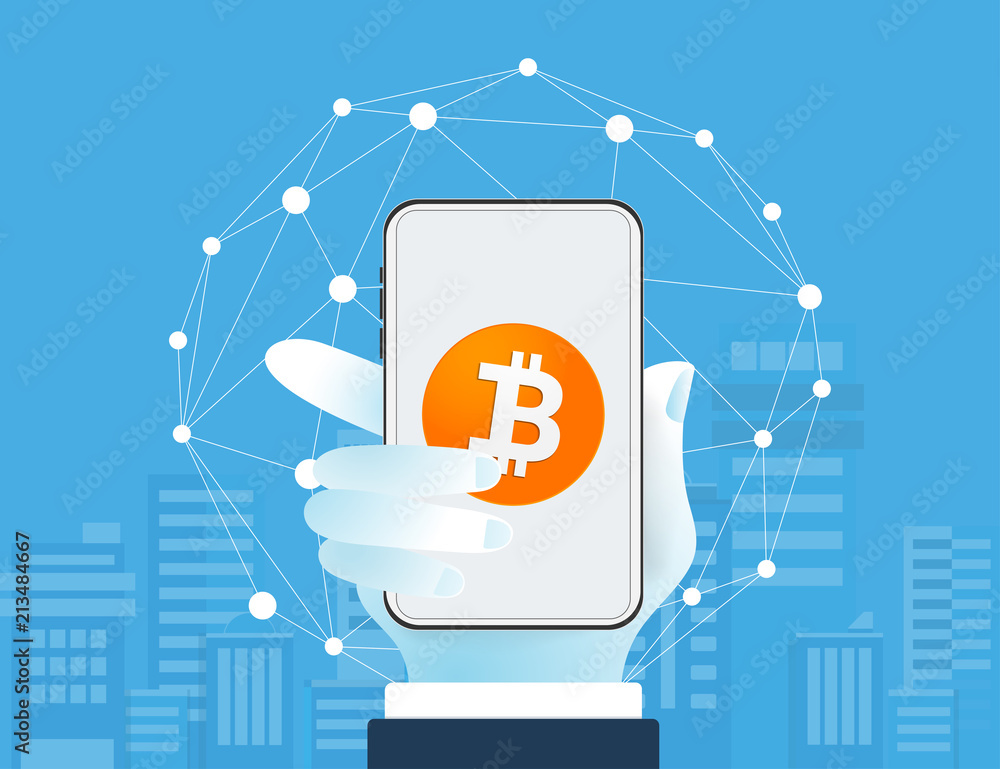 Poster bitcoin cryptocurrency wallet with blockchain. cashless society.