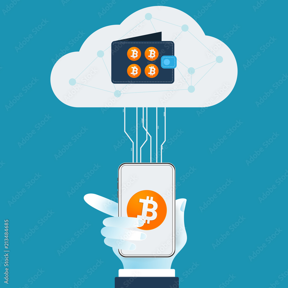 Poster bitcoin cryptocurrency wallet with blockchain. cashless society.