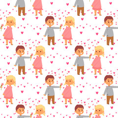 Couple in love vector characters togetherness happy smiling people romantic woman amorousness together adult relationship seamless pattern background.