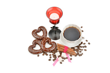 Cup with coffee, beans coffee biscuits in the form of hearts and candlestick isolated on white
