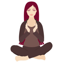 Fototapeta na wymiar Illustration of a woman with closed eyes meditating in yoga lotus pose on white background