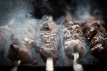 Barbecue outdoors on the grill.cooking meat on the street. street diner. picnic. family holiday. the meat on the shampoo. The heat from the grilled meat. the heat from the coals on the grill