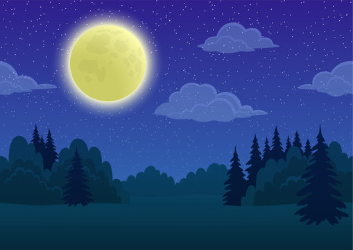 Cartoon Background, Night Landscape with Green Summer Forest, Blue Sky, White Clouds and Big Bright Moon. Vector © alexokokok