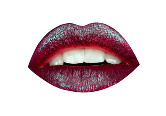 Seductive red lips and white teeth isolated on white background. Shiny lip gloss on red lips of...