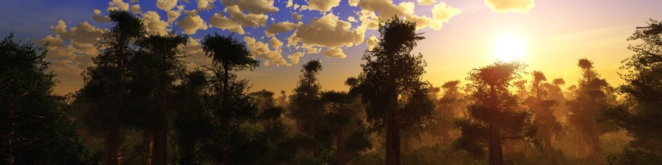 Sequoia at sunset. A grove of redwood at sunrise. Panorama of the forest with a Sequoia.
3D rendering