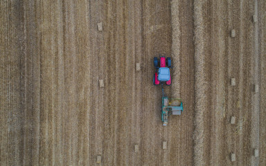 aerial drone view of tractor working in a wheat field creating straw bales, haystacks