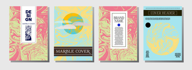 Minimal Cover Templates Set. Marble Business Poster. Vivid Pink, Blue Turquoise Invitation Spring Background. Geometric Corporate Minimal Cover Templates. Cool Ebru Liquid Paint Ads Marble Texture.