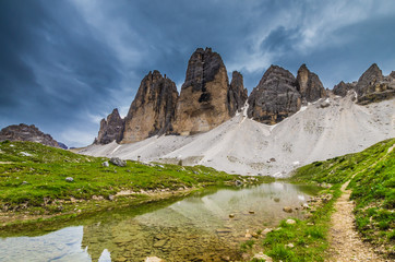 Tre Cime di Lavaredo National Park. Drei Zinnen, Trentino Alto Adige, South Tyrol, Dolomites mountains, Italy