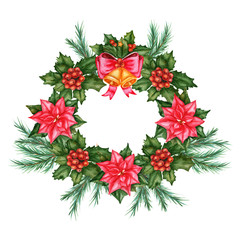 Christmas wreath with a Christmas tree branch, holly, bells, poinsettia. Watercolor illustration isolated on white background.