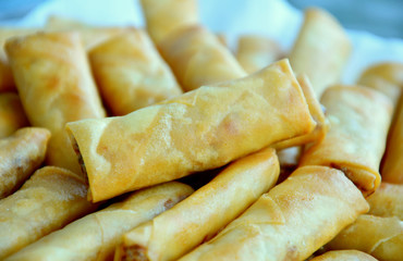 Many Spring roll  with full frame.
The food or snack in Asian.