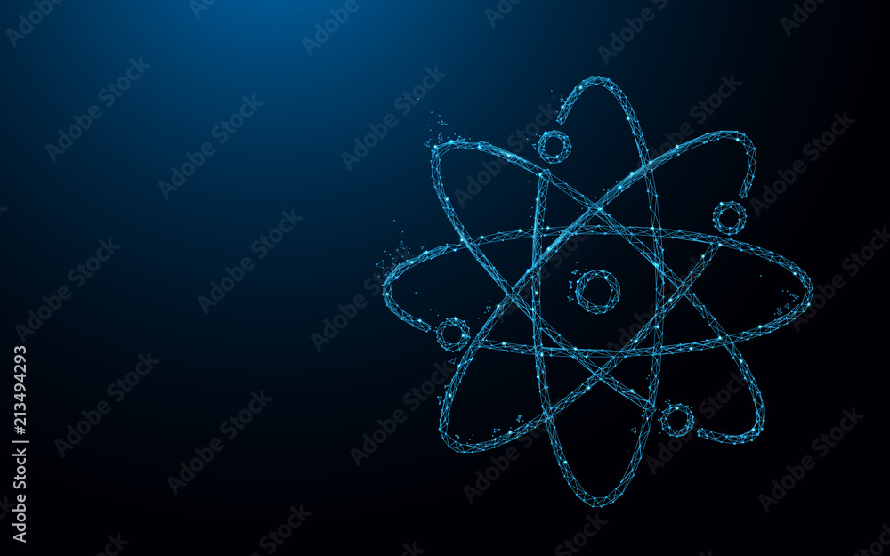 Poster atom structure icon form lines, triangles and particle style design. illustration vector