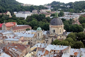 Fototapeta na wymiar Dominican Church in the old town in Lviv from a bird's eye view, Ukraine