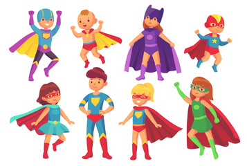 Obraz na płótnie Canvas Cartoon superhero kids characters. Joyful kid wearing super hero costume with mask and cloak. Children superheroes isolated vector set