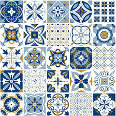 Moroccan pattern. Decor tile texture with blue ornament. Traditional arabic and indian pottery tiling seamless patterns vector set