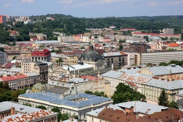 Naklejka na ściany i meble Lviv Theatre of Opera and Ballet and the Old Town in Lviv from a bird's eye view, Ukraine