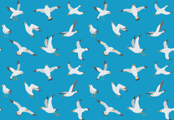 Seagulls seamless pattern. Cartoon gull flying over sea. Marine vector endless texture