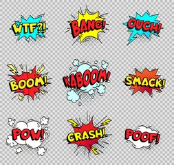 Foto op Plexiglas Comic speech bubbles. Cartoon explosions text balloons. Wtf bang ouch boom smack pow crash poof popping vector shapes isolated © Tartila