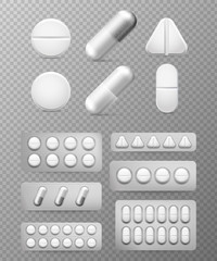 Pills 3d set. White tablet, drug and pill. Medicine close-up capsules isolated. Aspirin painkiller paracetamol drugs packing vector set