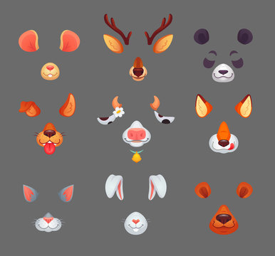 Animals for phone app. Funny animal filter masks with ears and noses. Vector set