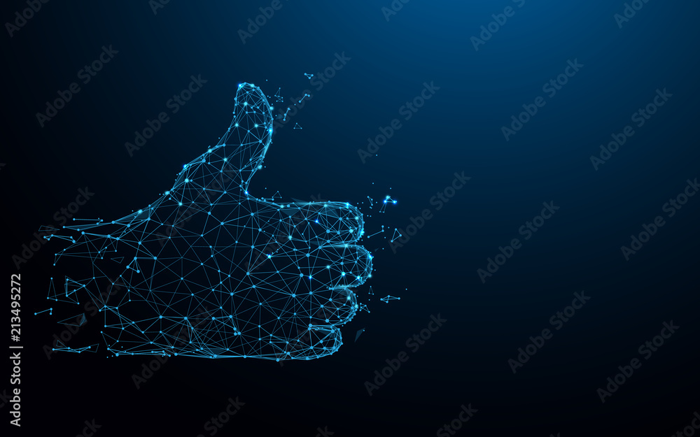 Poster hand thumb up form lines, triangles and particle style design. illustration vector