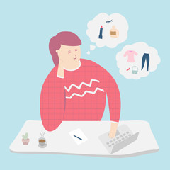 Girl thinks about purchasing through the internet. Cartoon and Illustration vector