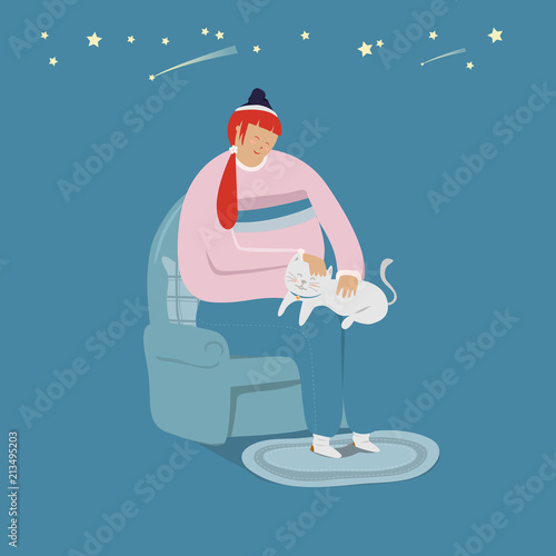Girl Sitting With Cat On Couch Cartoon And Illustration Vector