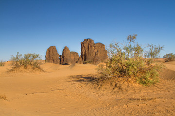 Fototapeta na wymiar Amazing, single rock formation near Dajnet, South Algeria, North Africa 
