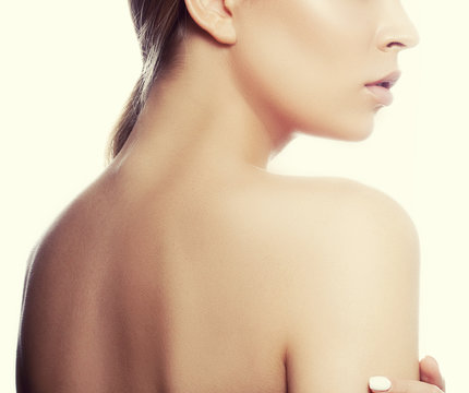 Natural Lips With Pale Lipstick, Naked Back And Shoulder. Part Of Face Of Model Girl With Nude Makeup And Clean Skin. Facial Treatment Skincare Health Concept