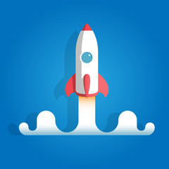 Flat rocket launch on blue background