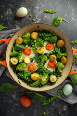 One Pan Green shakshuka with kale, broccoli, sweet peas, spinach and dill with free range eggs, perfect supper.