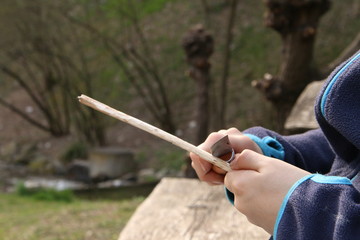 hands peeling wood stick