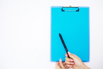 Blank Folder with Blue Paper. Hand that Holding Folder and Pen on White Background. Copyspace. Place for Text