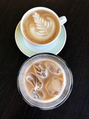 Cappuccino and iced coffee in the cafe 