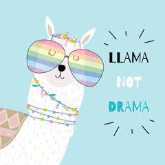 Blue hand drawn cute card with llama wear glasses