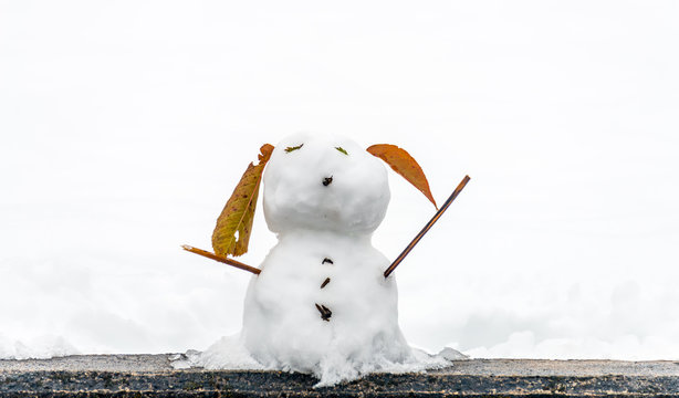 Hand made snowman, built with leaf and branch, at outdoor snow field in early winter season in Japan