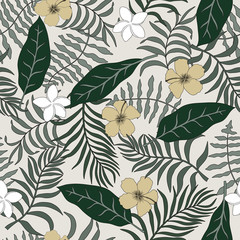 Tropical background with palm leaves and flowers. Seamless floral pattern. Summer vector illustration