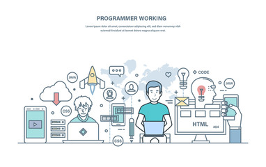 Programmer working. Programming in high-level languages, process of developing applications.