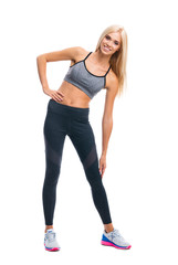 Happy smiling blond woman, doing fitness exercise