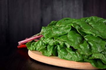 Fresh chard leaves against the dark background