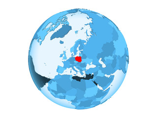 Poland on blue globe isolated