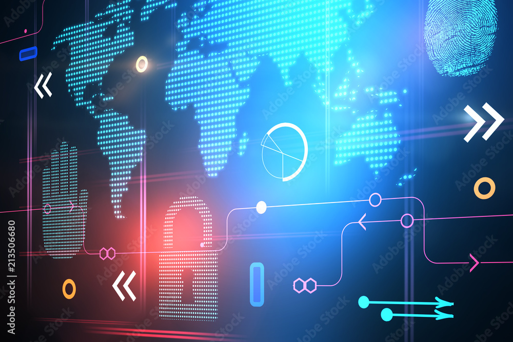 Poster abstract digital technology elements and world map