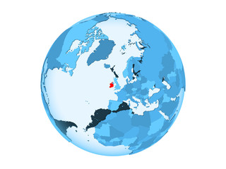 Ireland on blue globe isolated
