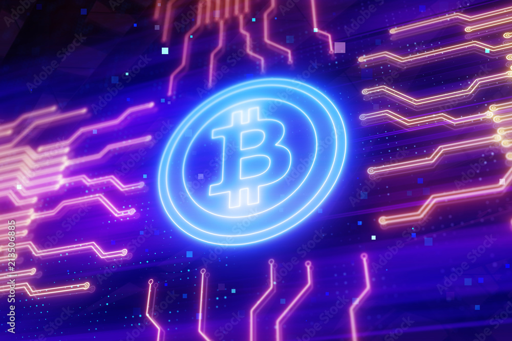 Poster glowing bitcoin with circuit board