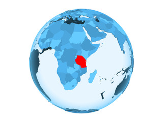 Tanzania on blue globe isolated