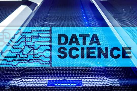 Data science, business, internet and technology concept on server room background.