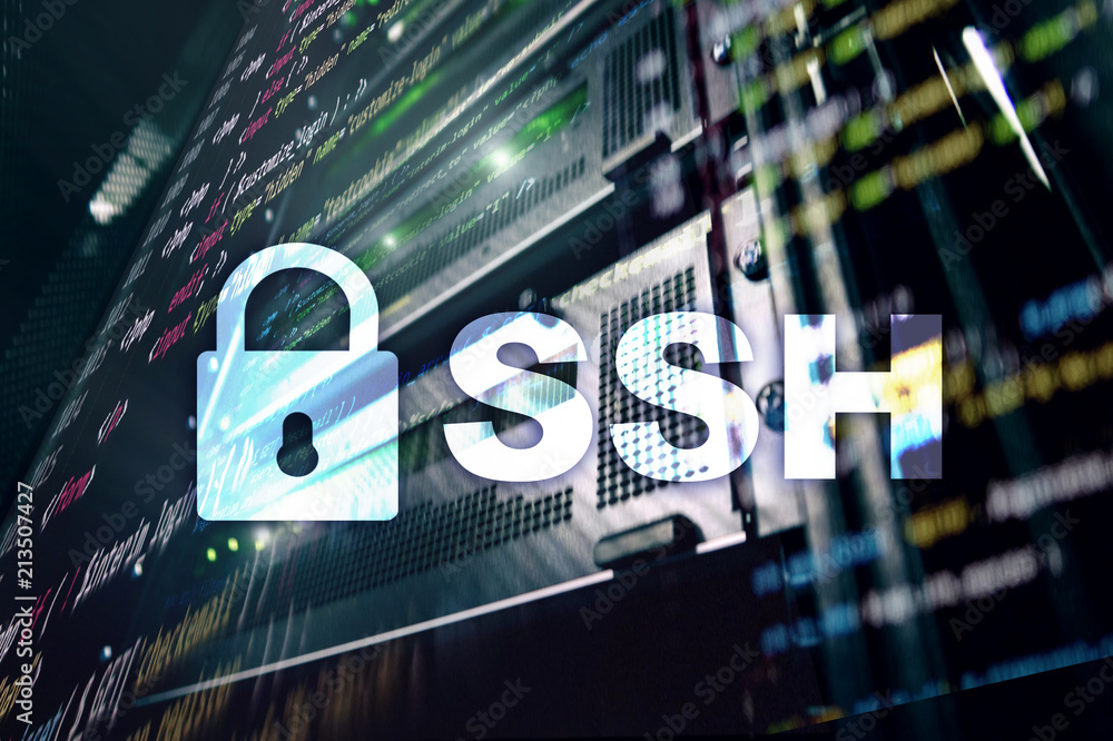 Poster ssh, secure shell protocol and software. data protection, internet and telecommunication concept.