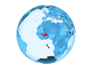 Burkina Faso on blue globe isolated