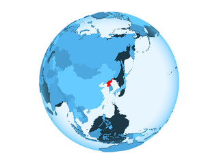 North Korea on blue globe isolated